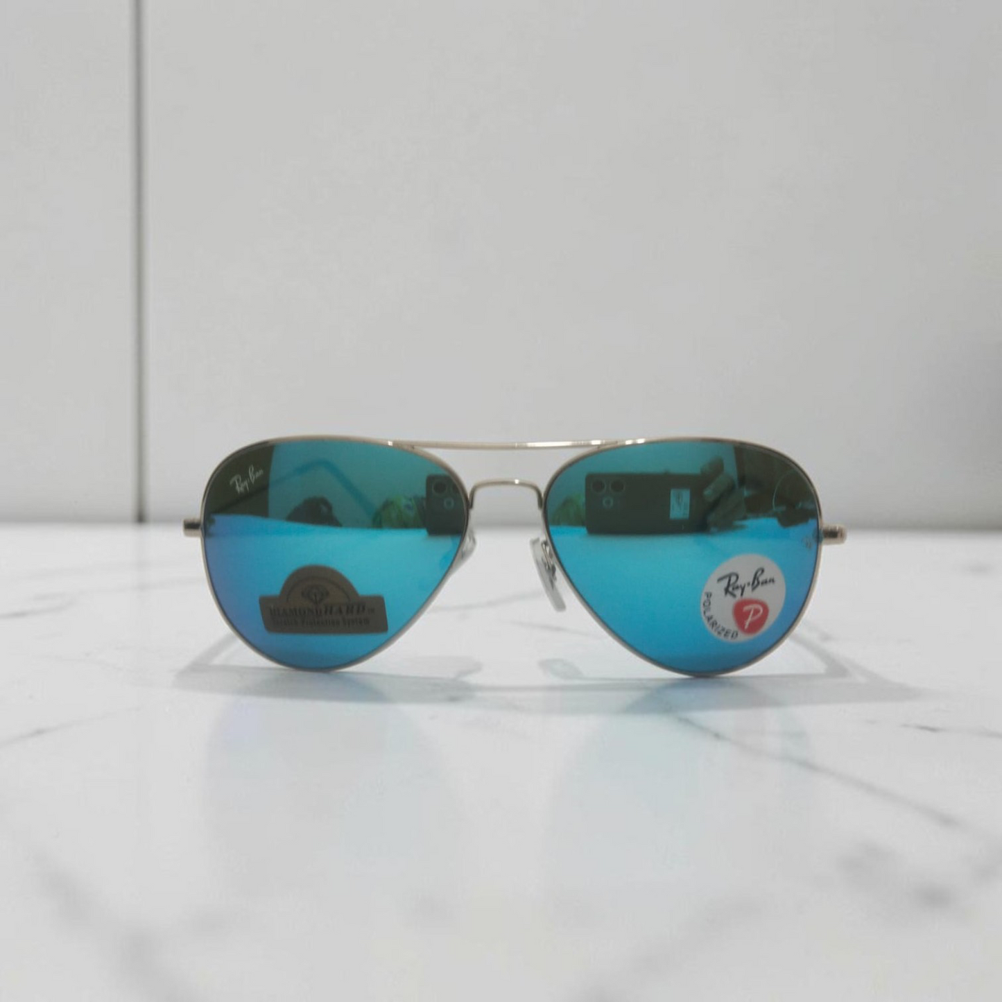 Inspiration of Ray-Ban Classic Aviator Polarized Sunglasses with Sky Blue Mirror Lenses (Diamond Hard Edition with Complete box)