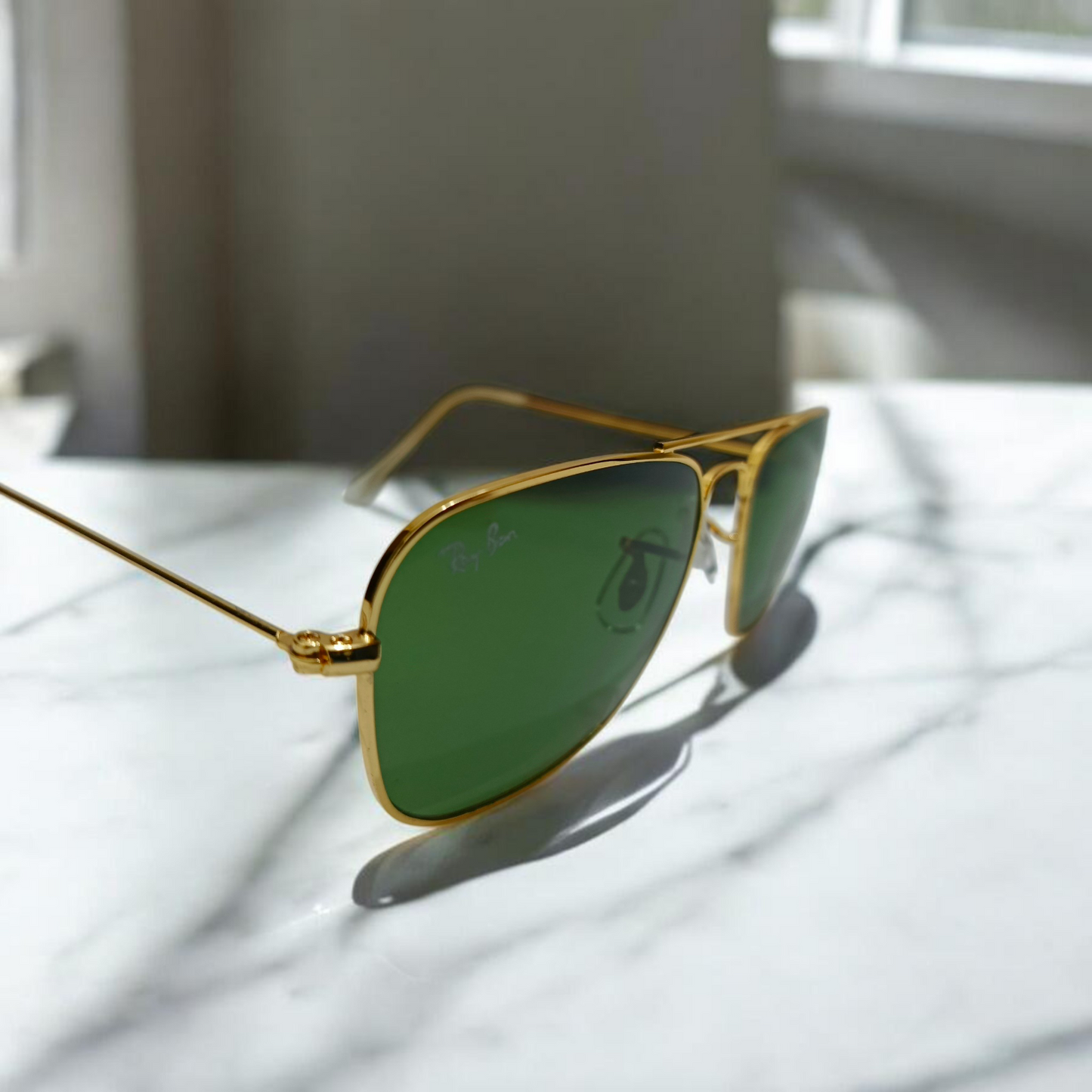 Ray Ban inspired Premium Caravan Square (Adult Small) Aviator Sunglasses Golden Frame with G-15 Green Lenses (Unisex)