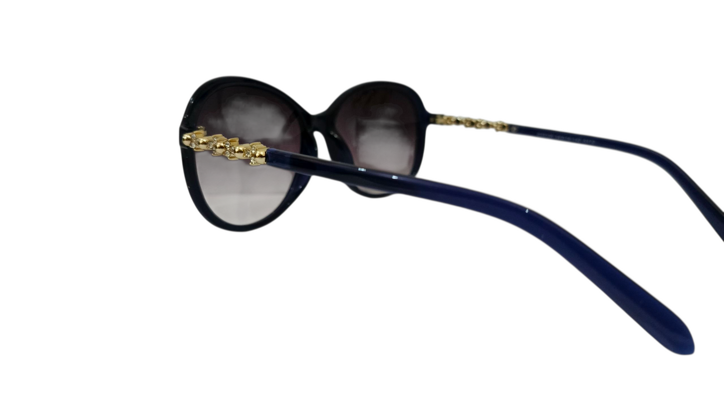 Chic Oversized Butterfly Sunglasses - Navy Blue with Gold & Crystal Detail