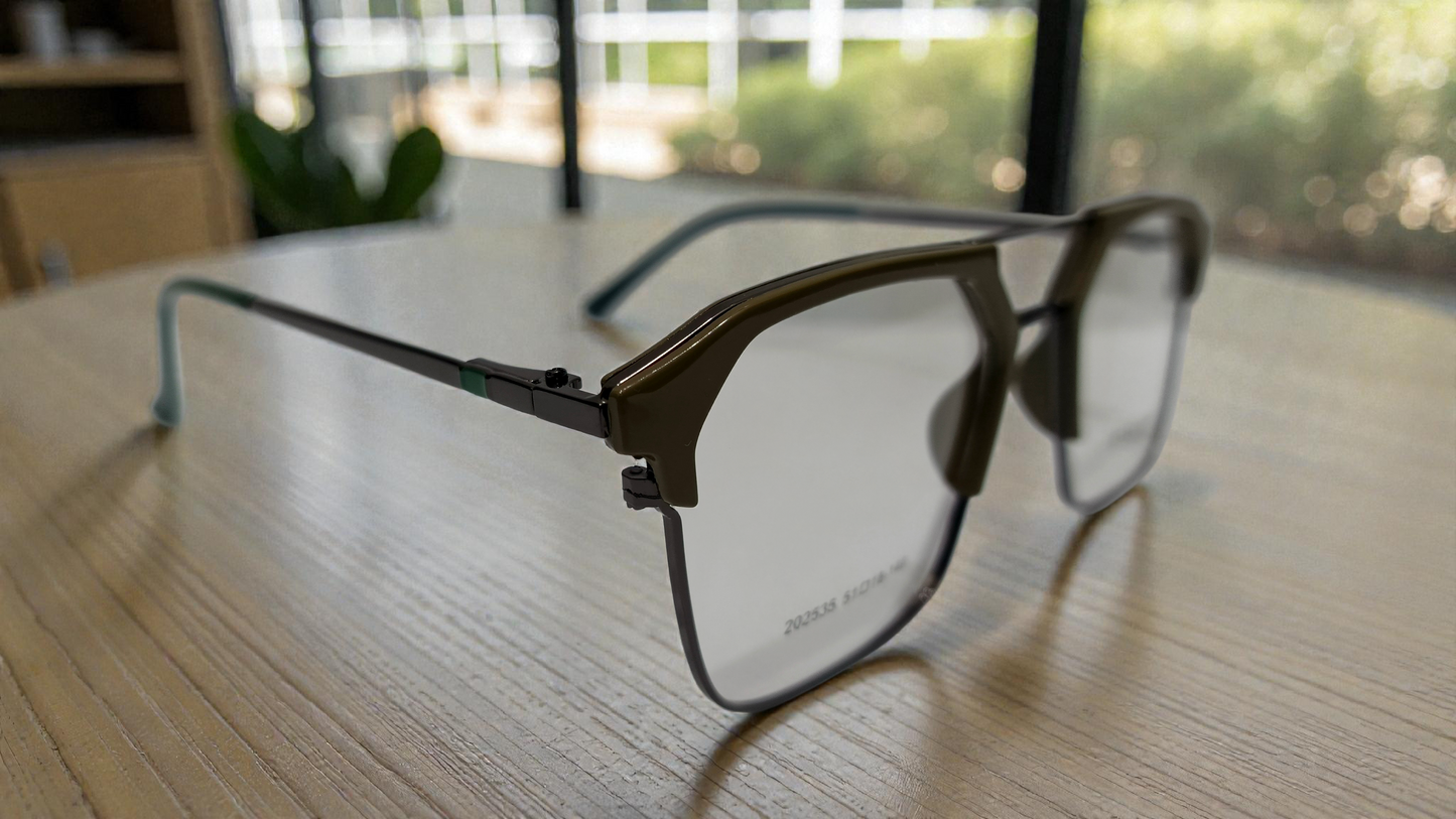 Dark moss green front with dark charcoal grey temples color urban Architect:FIALLVI Geometric Frame by Bird Eye Optics Emart