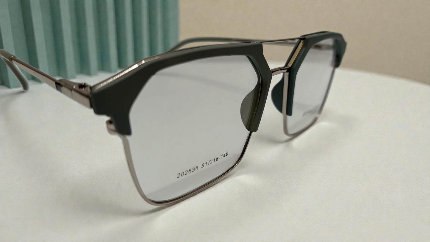 Matte dark olive green front with polished silver-tone metal temples Color Urban Architect:FIALLVI Geometric Frame by Bird Eye Optics Emart