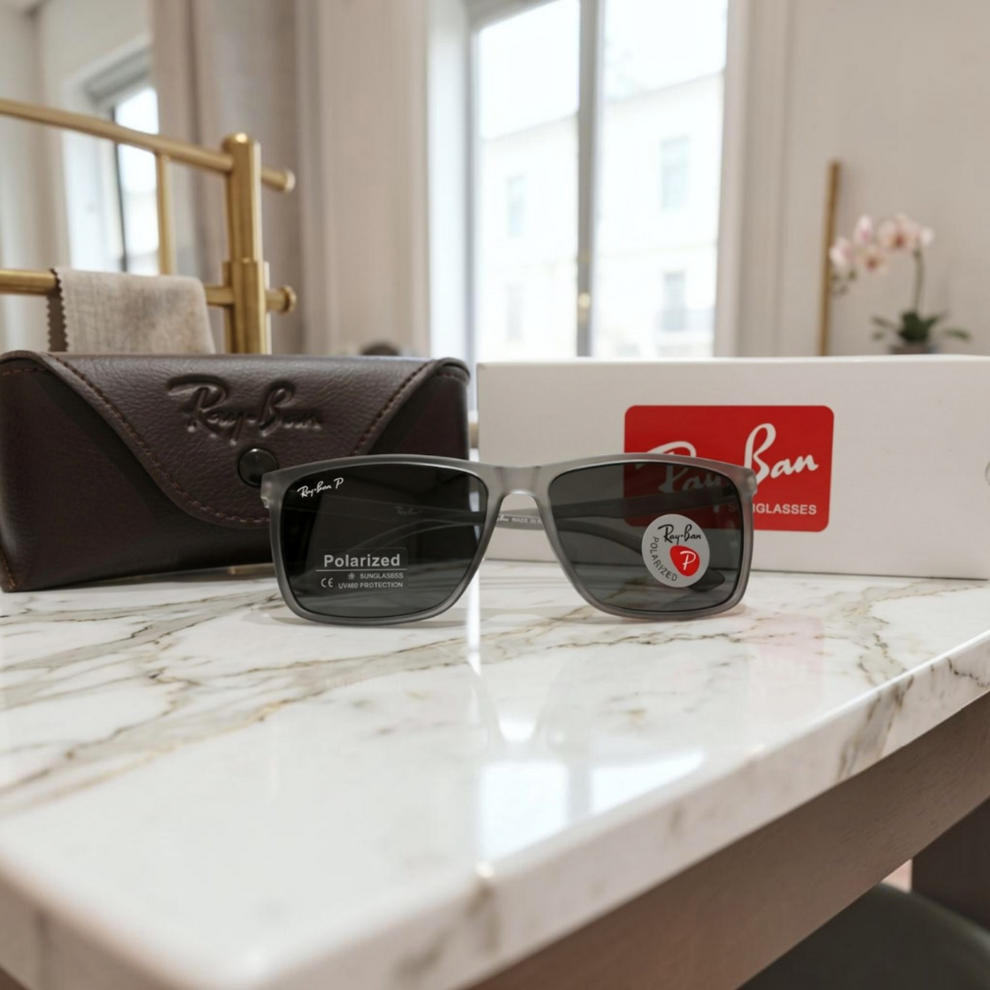 Inspiration of Ray-Ban Matte Translucent Grey Polarized Rectangle Sunglasses (with Classic Case & Packaging)