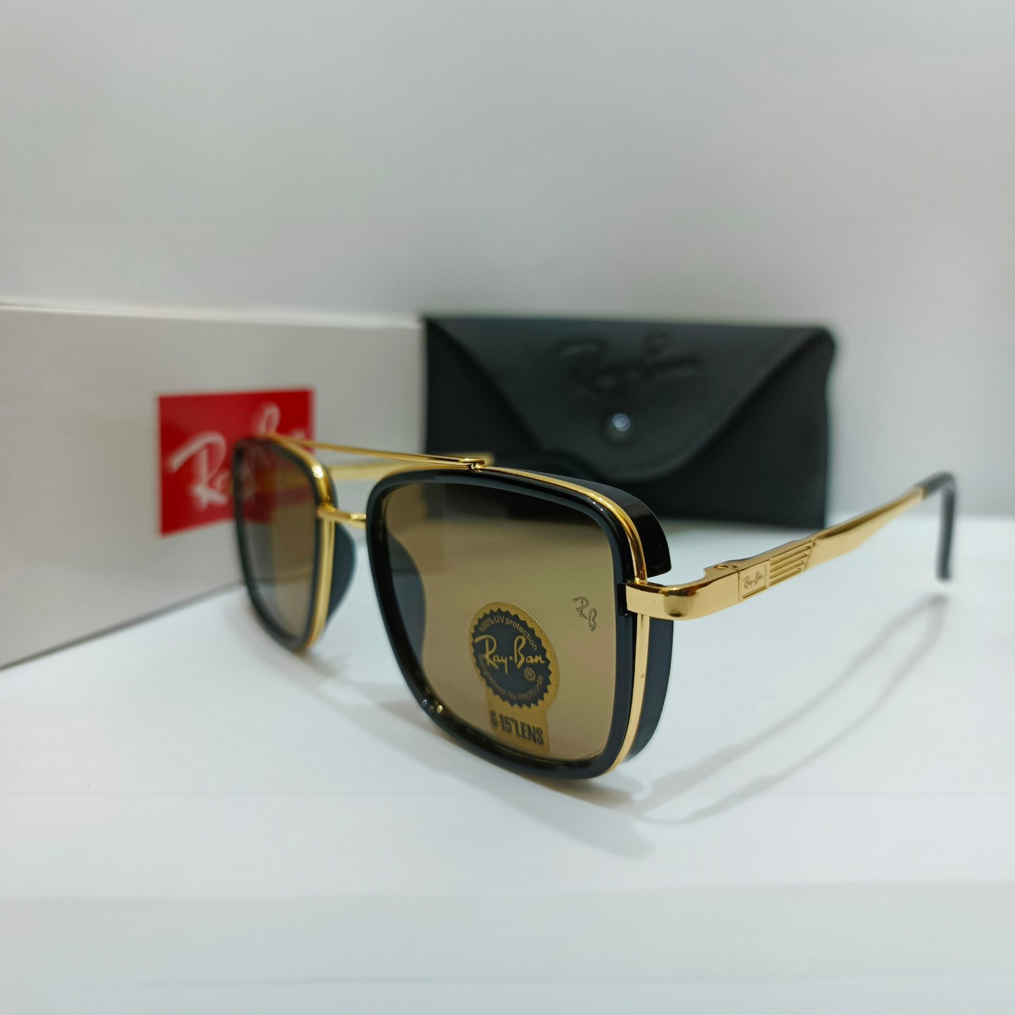 Ray-Ban inspired RB3561 The General Luxury Black & Golden Square Sunglasses (Unisex)