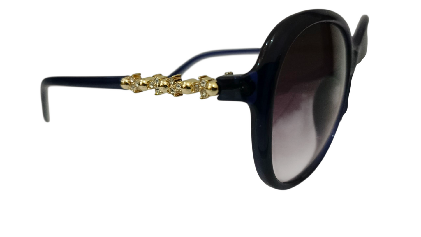 Chic Oversized Butterfly Sunglasses - Navy Blue with Gold & Crystal Detail