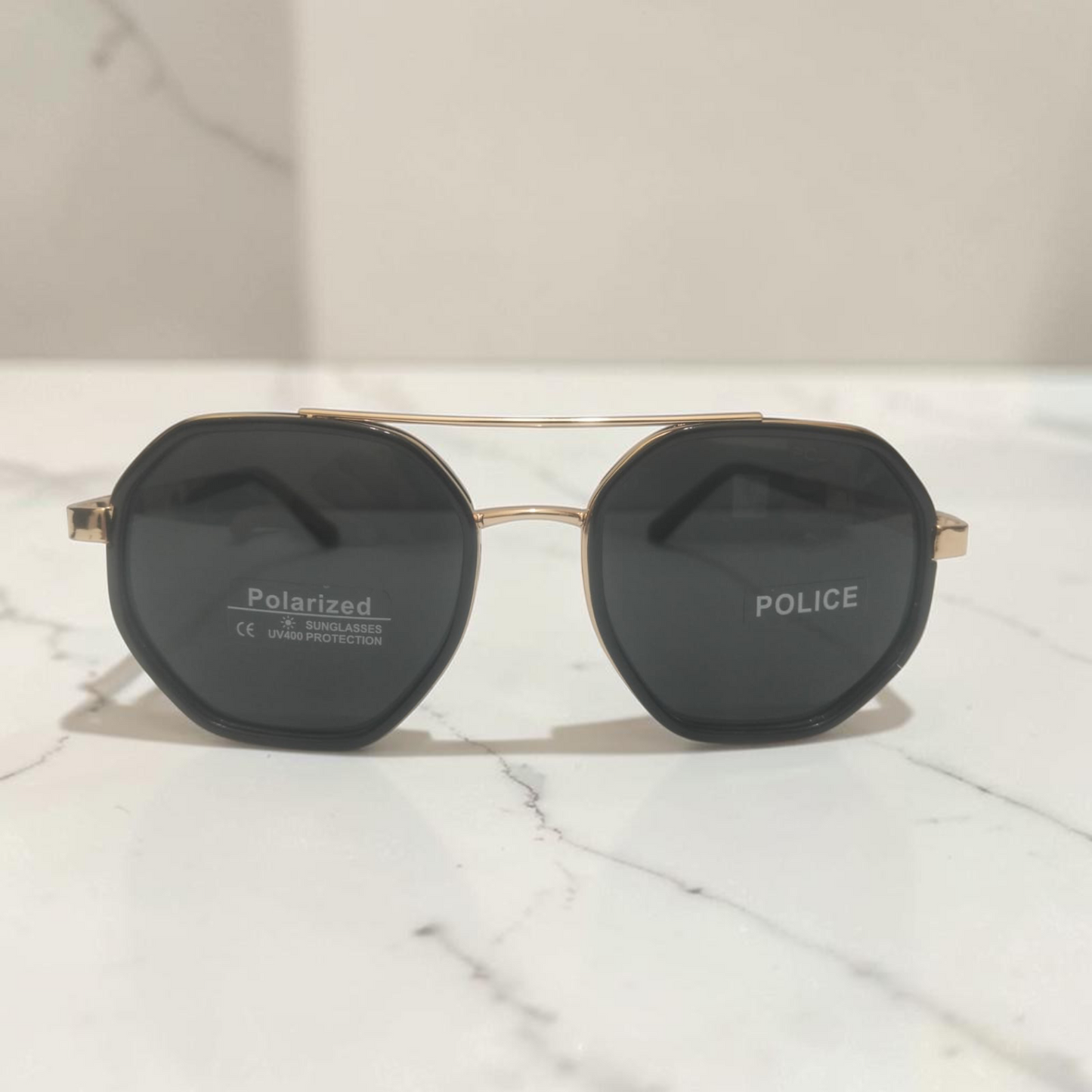 Inspiration of Police x Lewis Hamilton Geometric Octagon Polarized Sunglasses.Golden & Black Frame