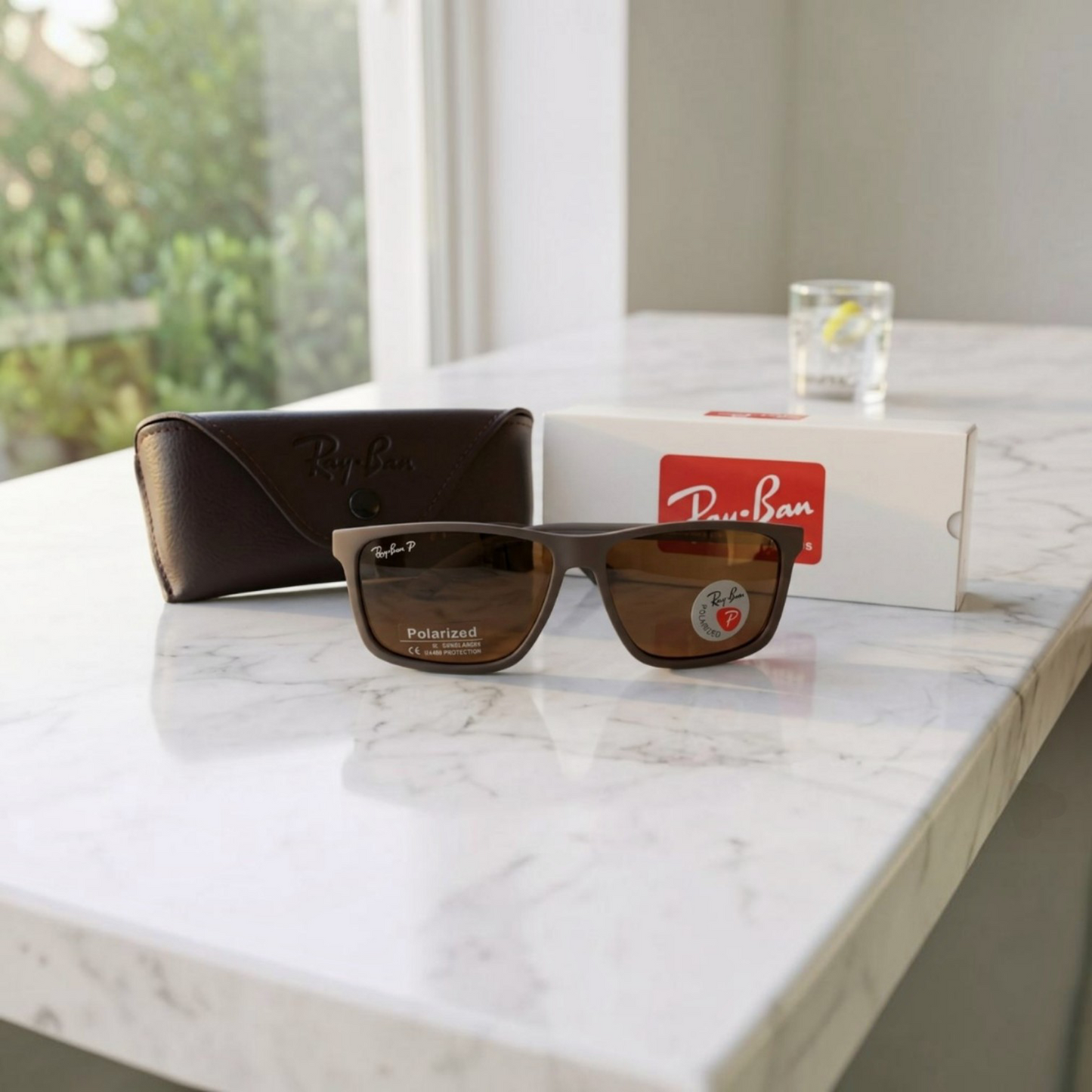 Inspiration of Ray-Ban Justin Style Matte Brown Polarized Sunglasses.Premium Wayfarer Design for Men & Women
