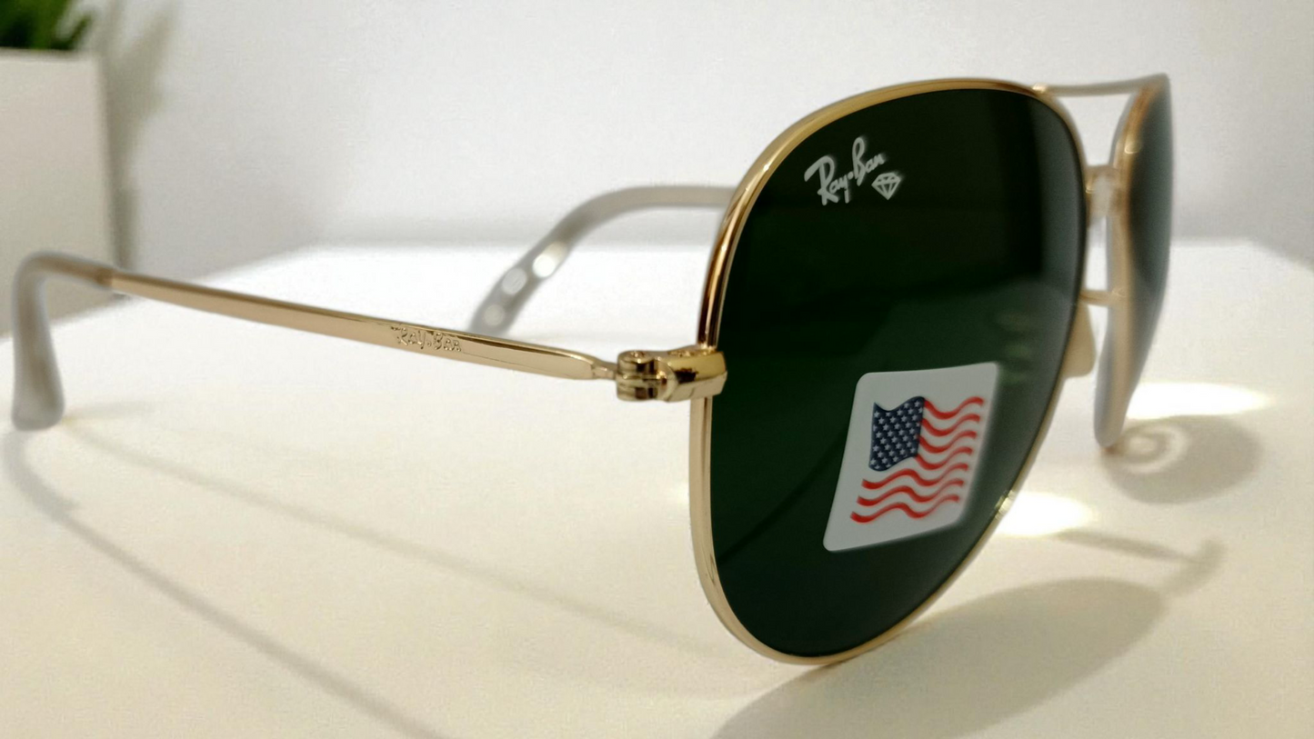 Ray Ban inspired Golden BEO Classic Pilot Aviator Sunglasses - Essential Gold Frame with High-Protection Green Lens