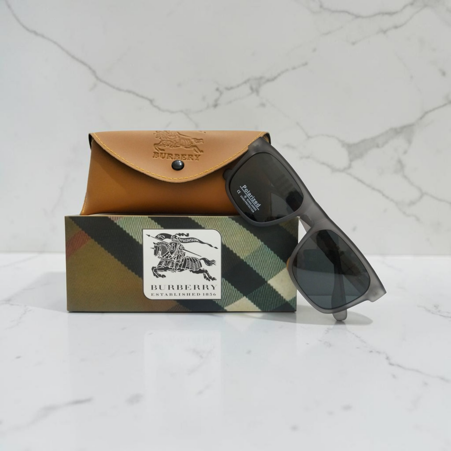 Inspiration of Burberry Matt Gray Square Sunglasses – Polarized UV400 Protection.