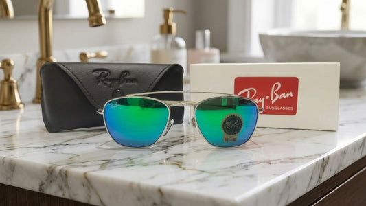 Inspiration of Ray-Ban Silver Aviator Caravan Square Sunglasses with Emerald Green Mirror Lenses (Complete Box Set)