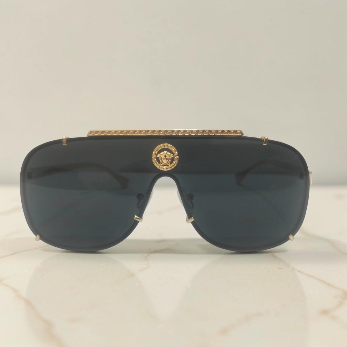 Inspiration of Versace Medusa Emblem black and golden Oversized Shield Sunglasses.
