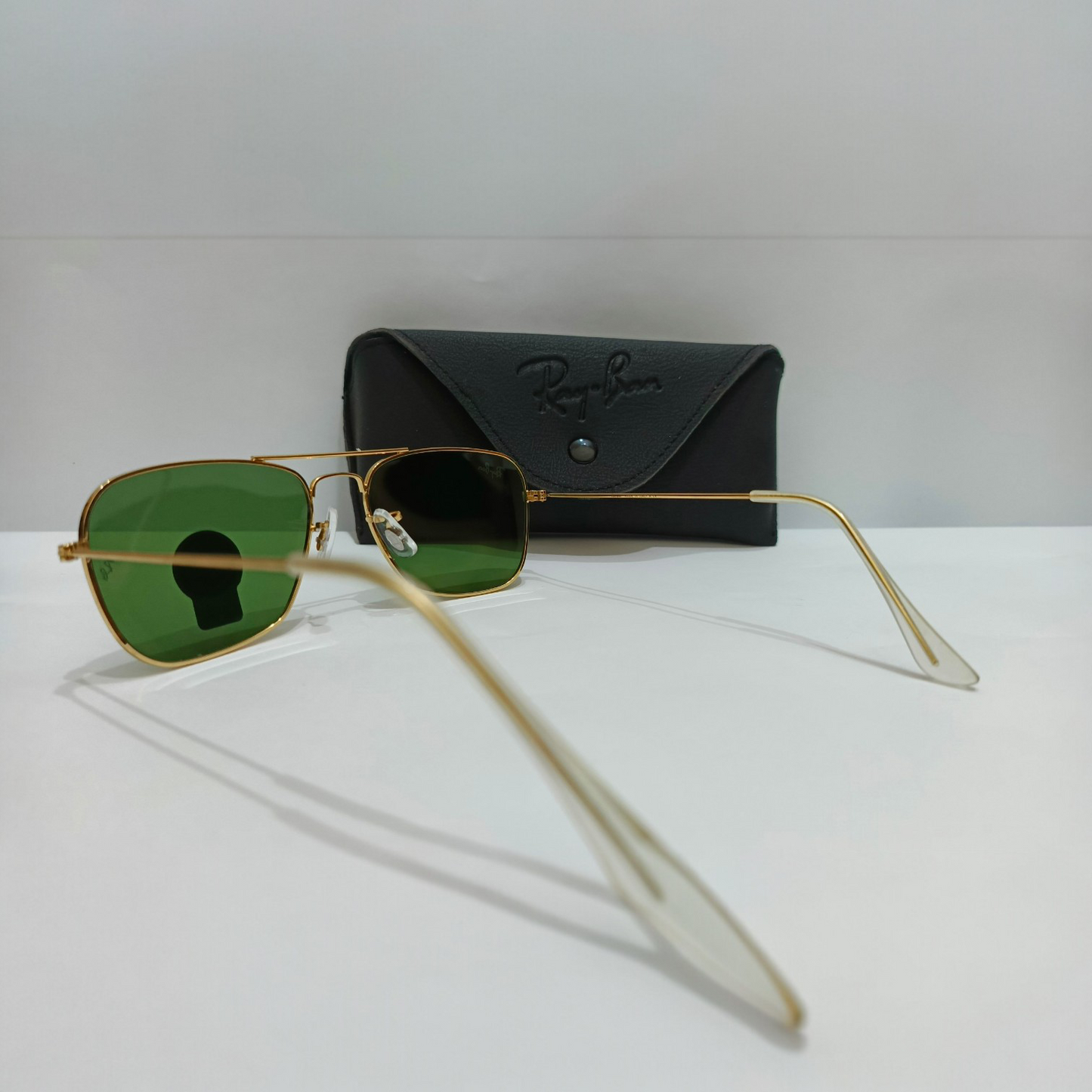Ray Ban inspired Premium Caravan Square (Adult Small) Aviator Sunglasses Golden Frame with G-15 Green Lenses (Unisex)