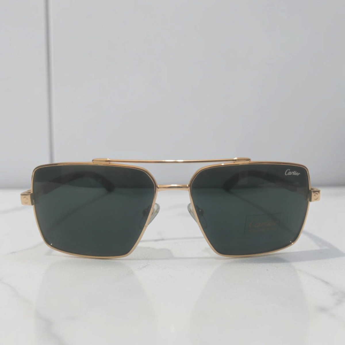 Luxury Cartier Inspiration Square Pilot Sunglasses for Men Golden Metal Double Bridge Frame with Hard Case & Box
