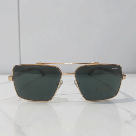 Luxury Cartier Inspiration Square Pilot Sunglasses for Men Golden Metal Double Bridge Frame with Hard Case & Box