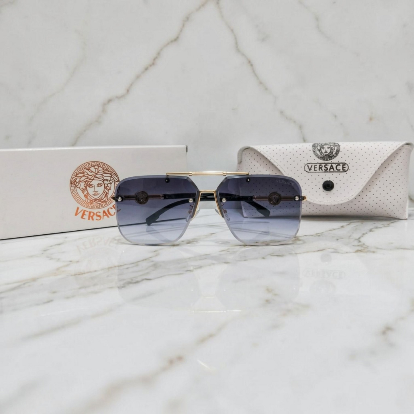 Inspiration of Versace Oversized Rimless Square Sunglasses Golden Medusa Edition