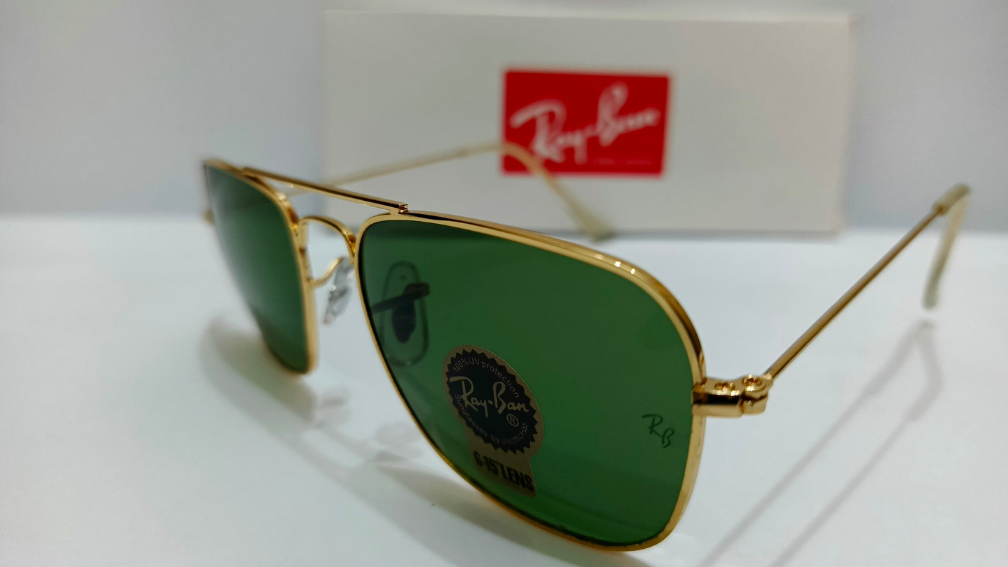 Ray Ban inspired Premium Caravan Square (Adult Small) Aviator Sunglasses Golden Frame with G-15 Green Lenses (Unisex)
