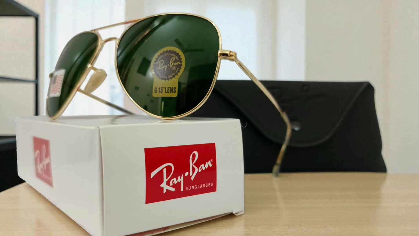 Ray Ban inspired Golden BEO Classic Pilot Aviator Sunglasses - Essential Gold Frame with High-Protection Green Lens