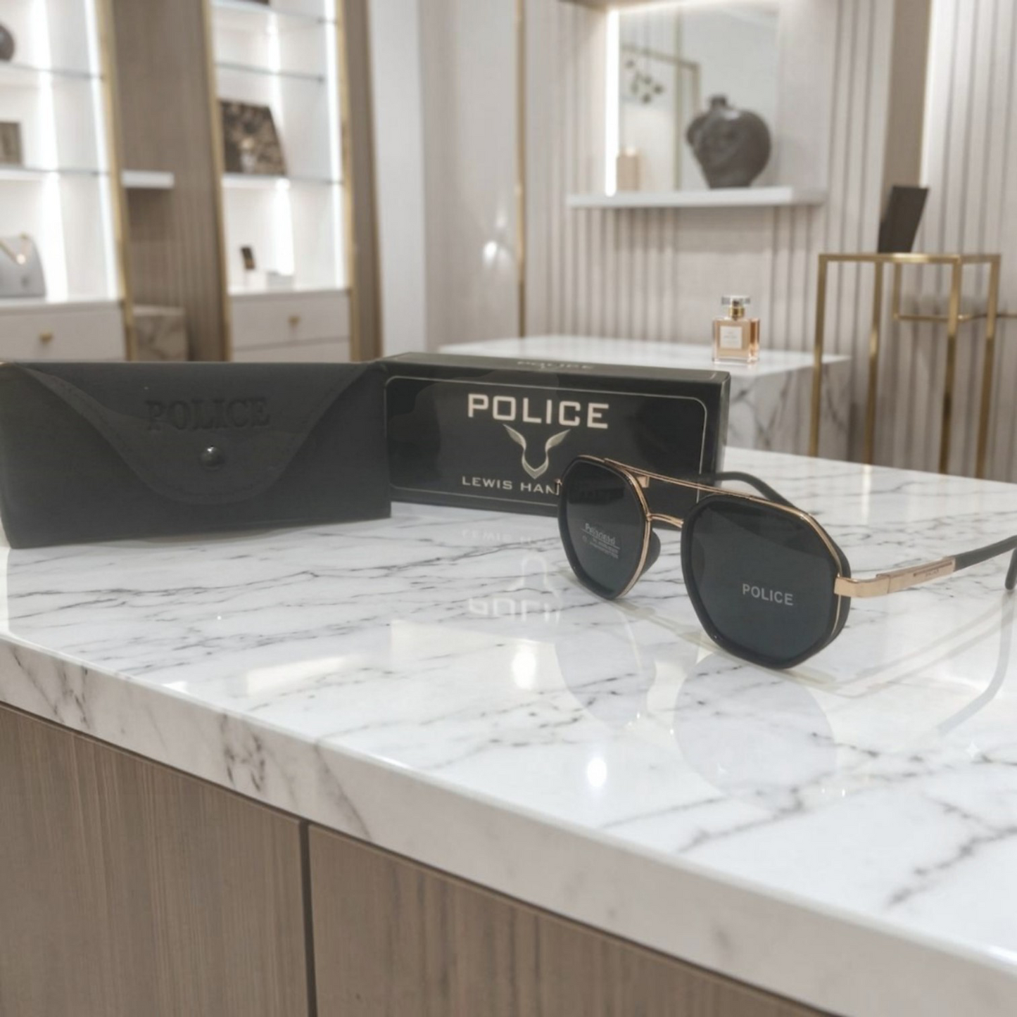 Inspiration of Police x Lewis Hamilton Geometric Octagon Polarized Sunglasses.Golden & Black Frame