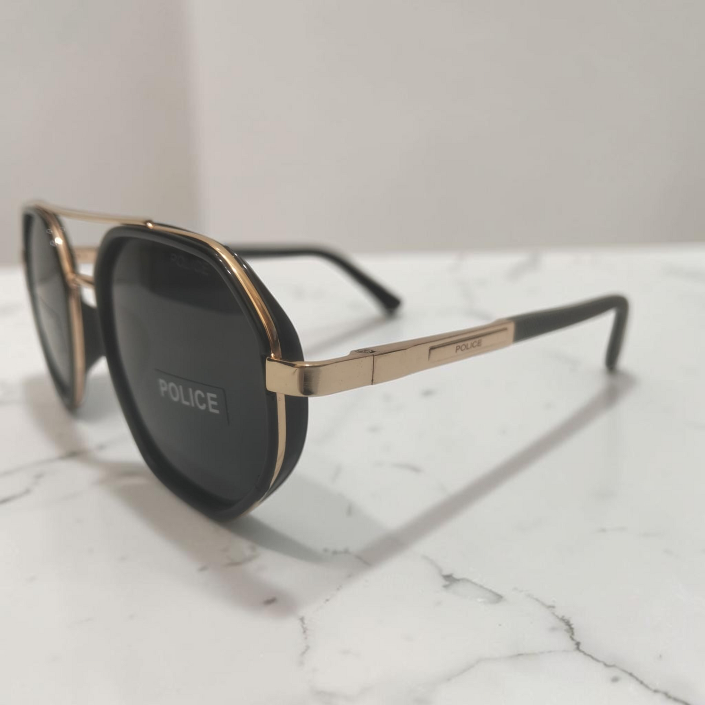 Inspiration of Police x Lewis Hamilton Geometric Octagon Polarized Sunglasses.Golden & Black Frame