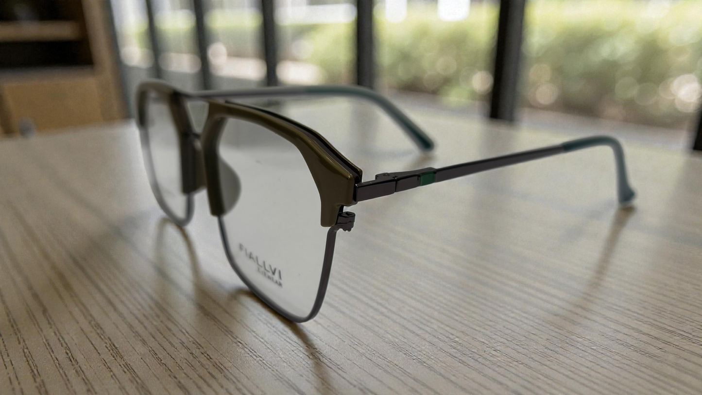 Dark moss green front with dark charcoal grey temples color urban Architect:FIALLVI Geometric Frame by Bird Eye Optics Emart