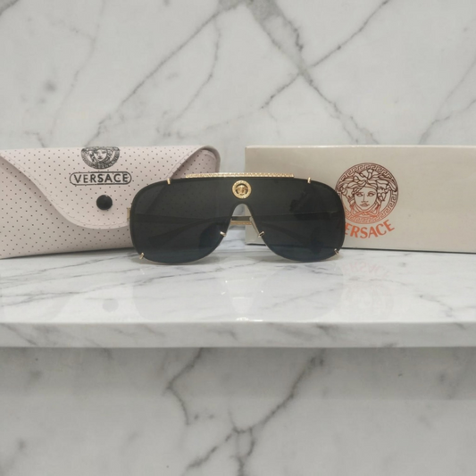 Inspiration of Versace Medusa Emblem black and golden Oversized Shield Sunglasses.