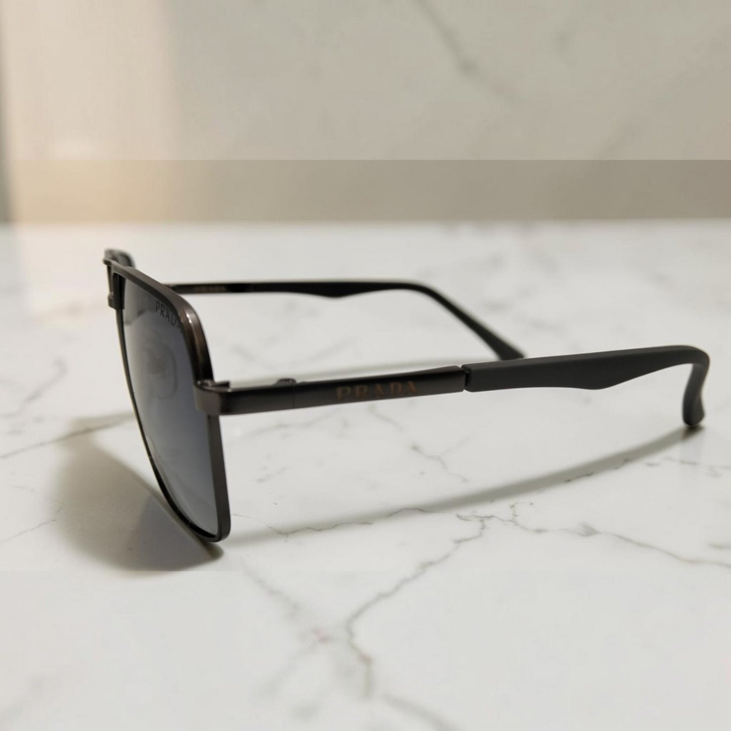 Inspiration of Prada Luxury Navigator Square Sunglasses for Men  Matte Black Frame with Premium Branding Details