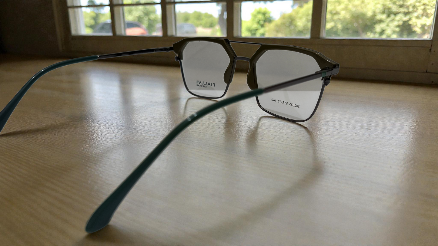 Dark moss green front with dark charcoal grey temples color urban Architect:FIALLVI Geometric Frame by Bird Eye Optics Emart