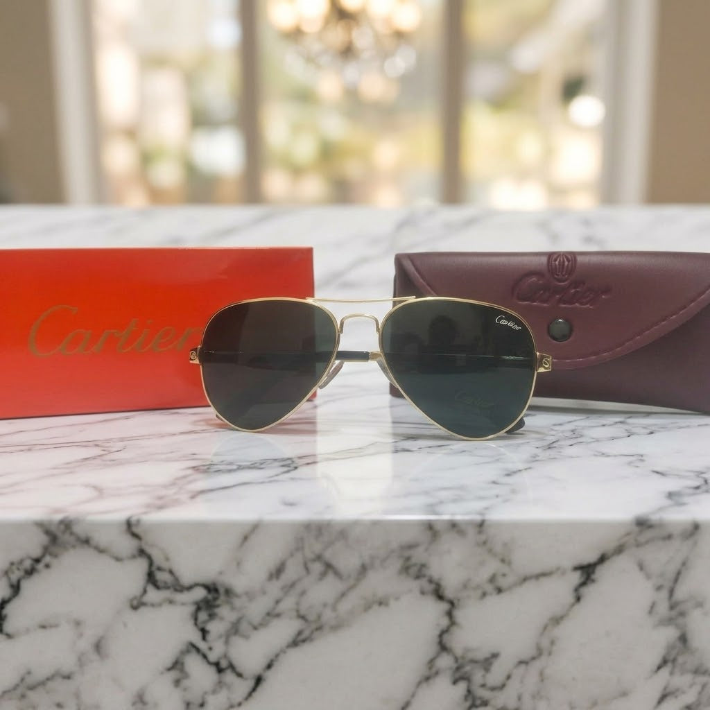Cartier Style Aviator Sunglasses .Classic Golden Frame with  Greenish black Tint (Unisex)