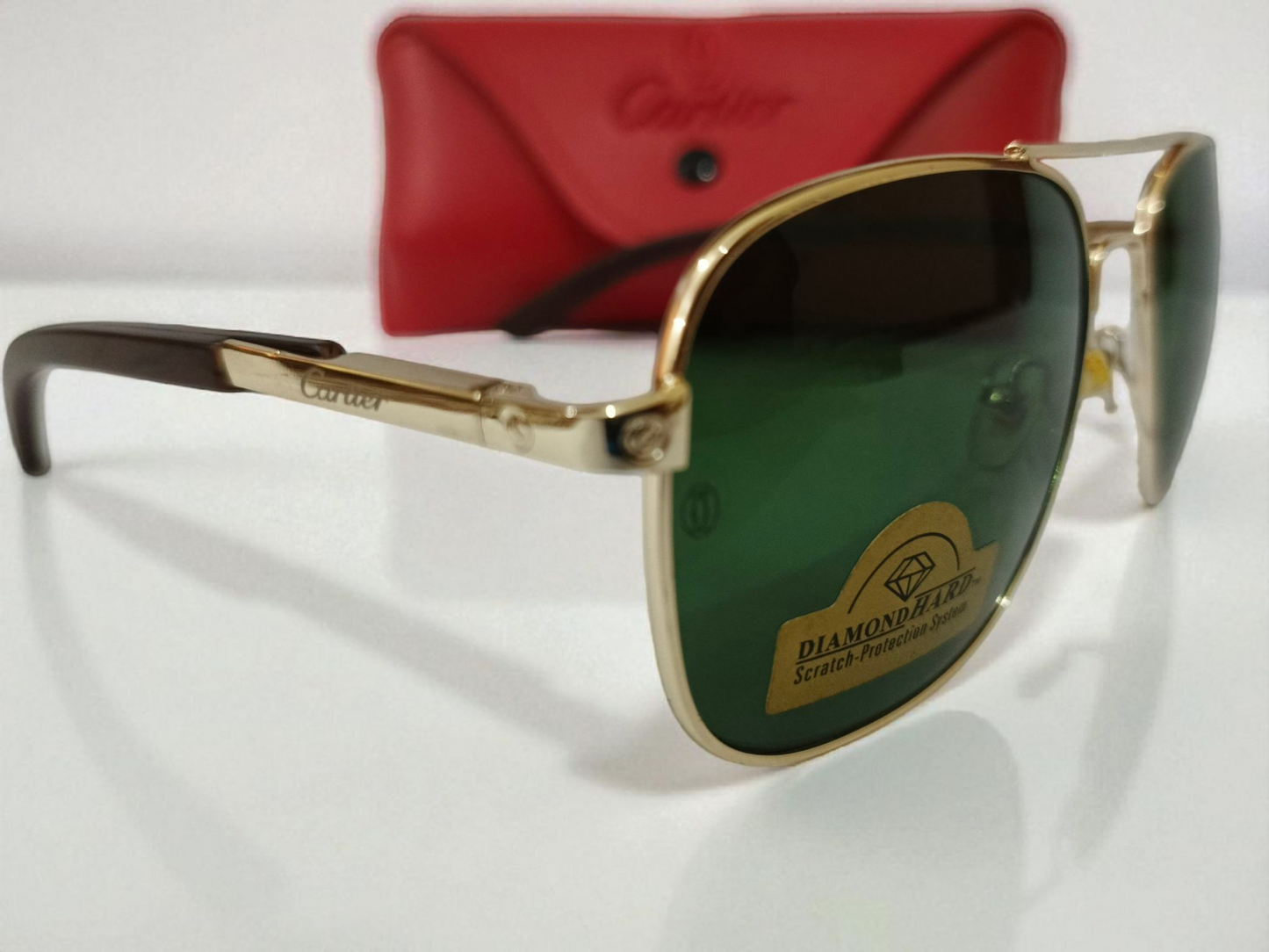 Cartier inspired Golden-Framed Green Aviator Sunglasses with Scratch-Proof Lenses