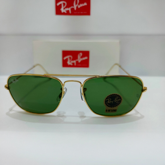 Ray Ban inspired Premium Caravan Square (Adult Small) Aviator Sunglasses Golden Frame with G-15 Green Lenses (Unisex)