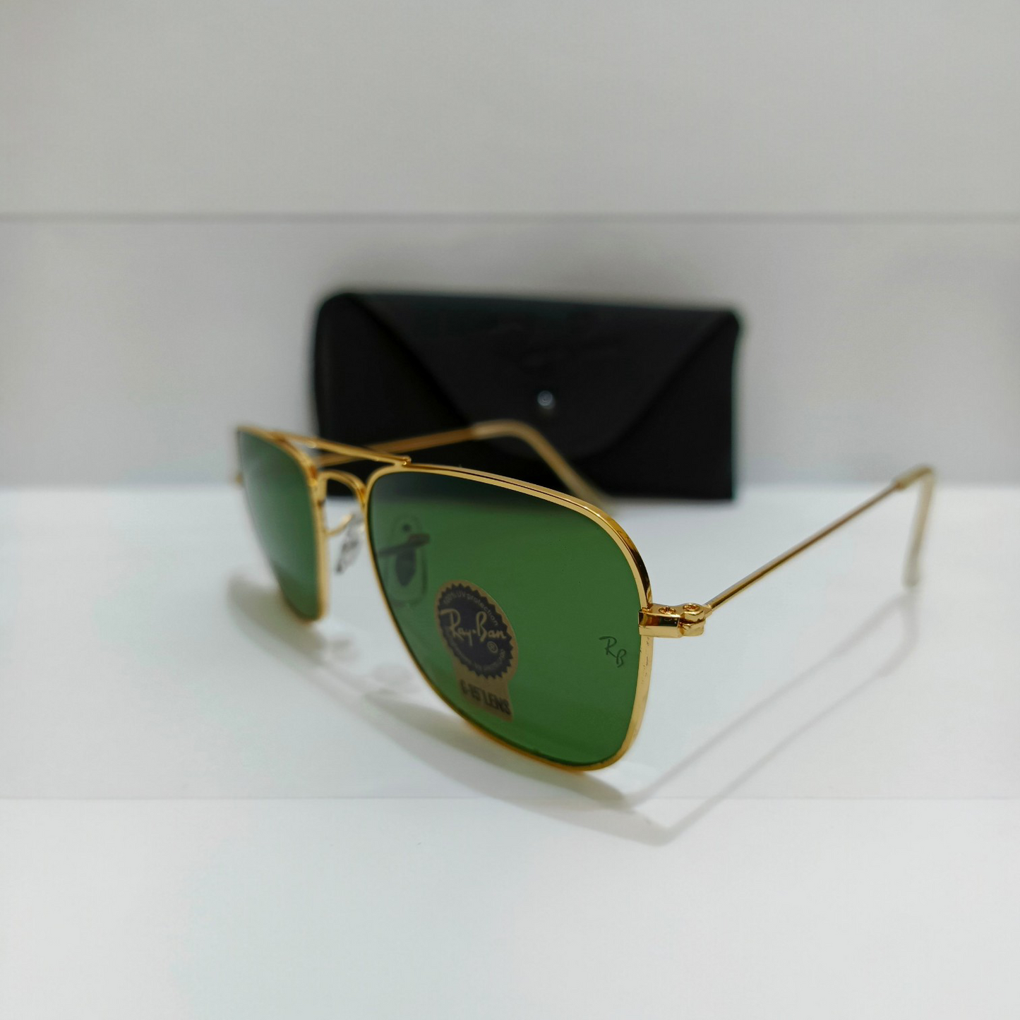 Ray Ban inspired Premium Caravan Square (Adult Small) Aviator Sunglasses Golden Frame with G-15 Green Lenses (Unisex)
